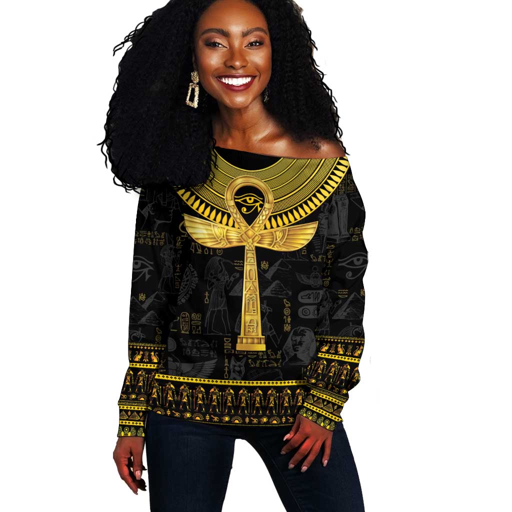 The Ankh Egyptian Hieroglyphs Off Shoulder Sweater