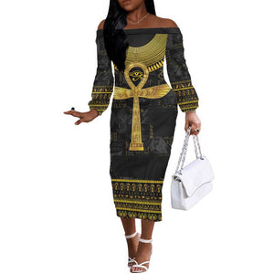 The Ankh Egyptian Hieroglyphs Off The Shoulder Long Sleeve Dress