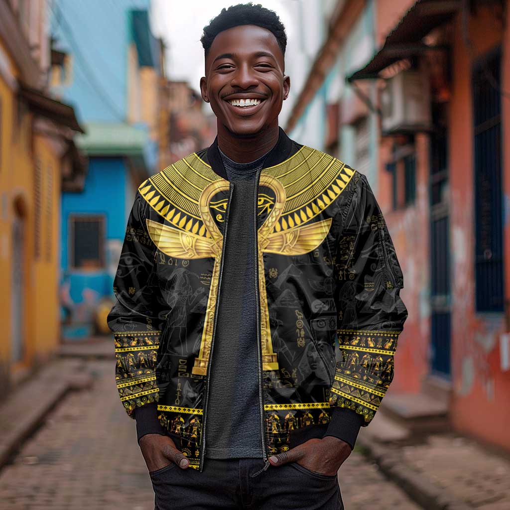 The Ankh Egyptian Hieroglyphs Sleeve Zip Bomber Jacket