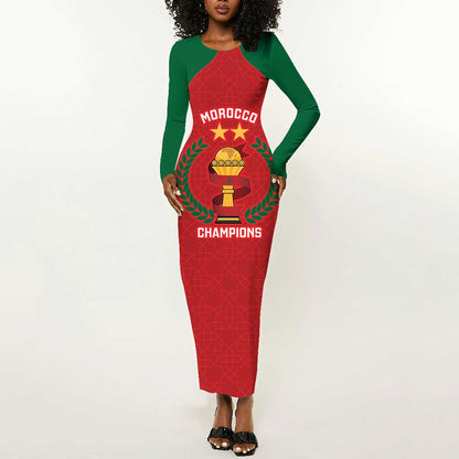 Custom Morocco Atlas Lions Long Sleeve Bodycon Dress African Football Champions 2025