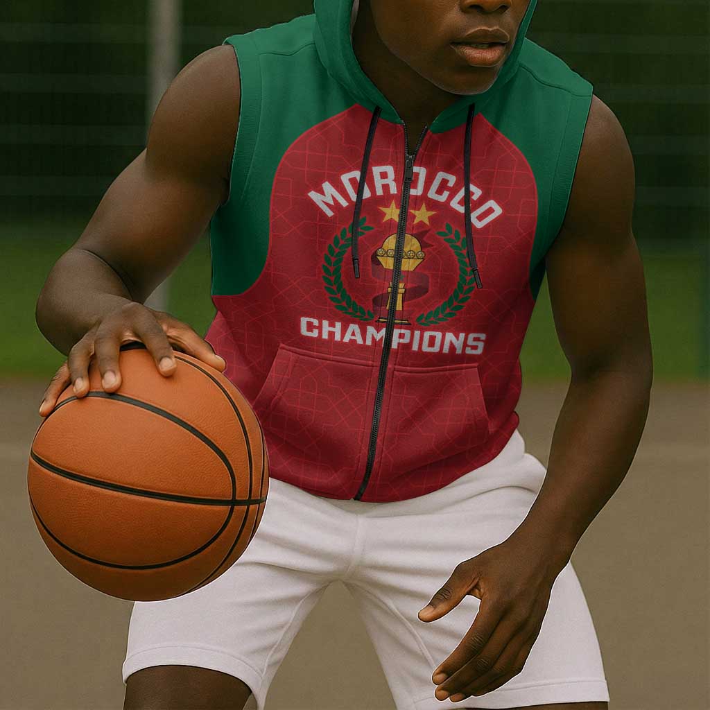 Custom Morocco Atlas Lions Sleeveless Zip Hoodie African Football Champions 2025