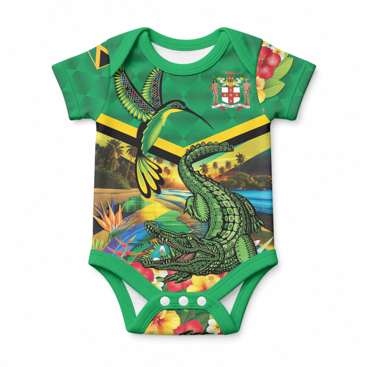 African-American Jamaica Personalized Baby Onesie Hummingbird and Crocodiles Tropical