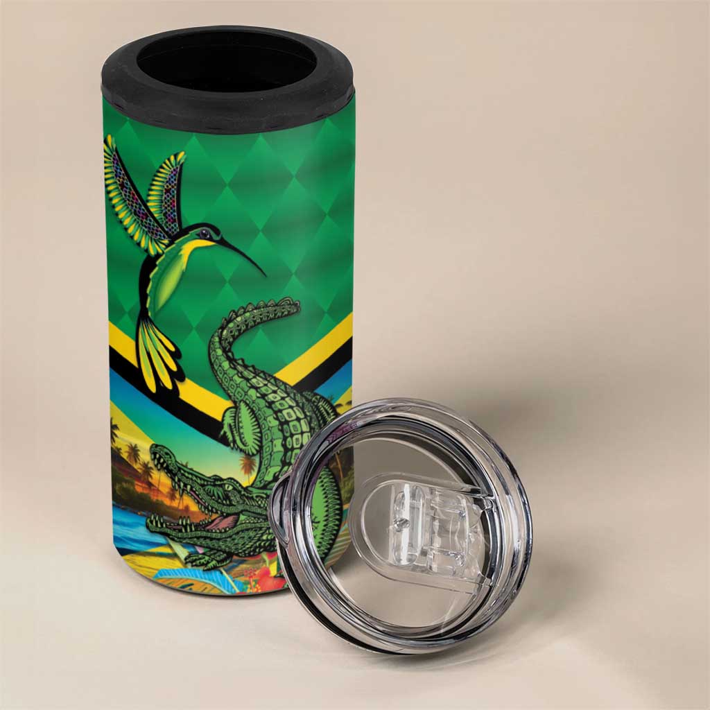 African-American Jamica Personalized 4 in 1 Can Cooler Tumbler Hummingbird and Crocodiles Tropical