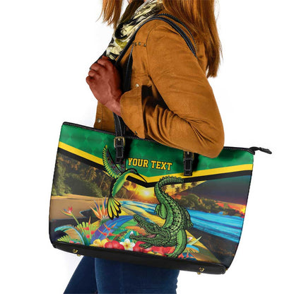 African-American Jamica Personalized Leather Tote Bag Hummingbird and Crocodiles Tropical