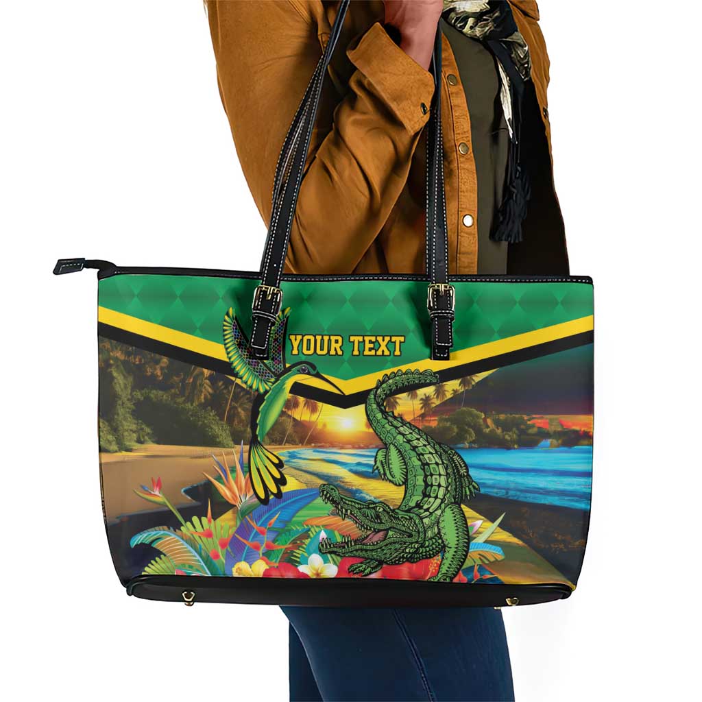 African-American Jamica Personalized Leather Tote Bag Hummingbird and Crocodiles Tropical