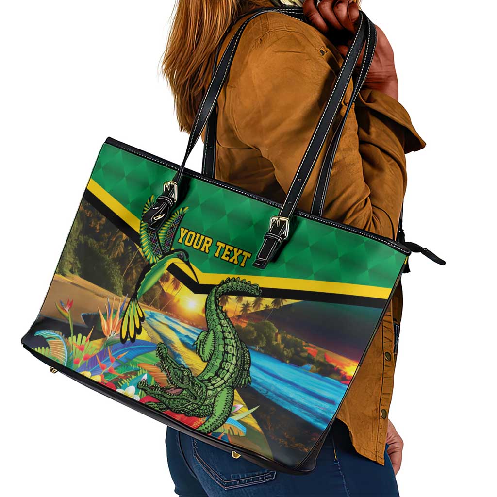 African-American Jamica Personalized Leather Tote Bag Hummingbird and Crocodiles Tropical
