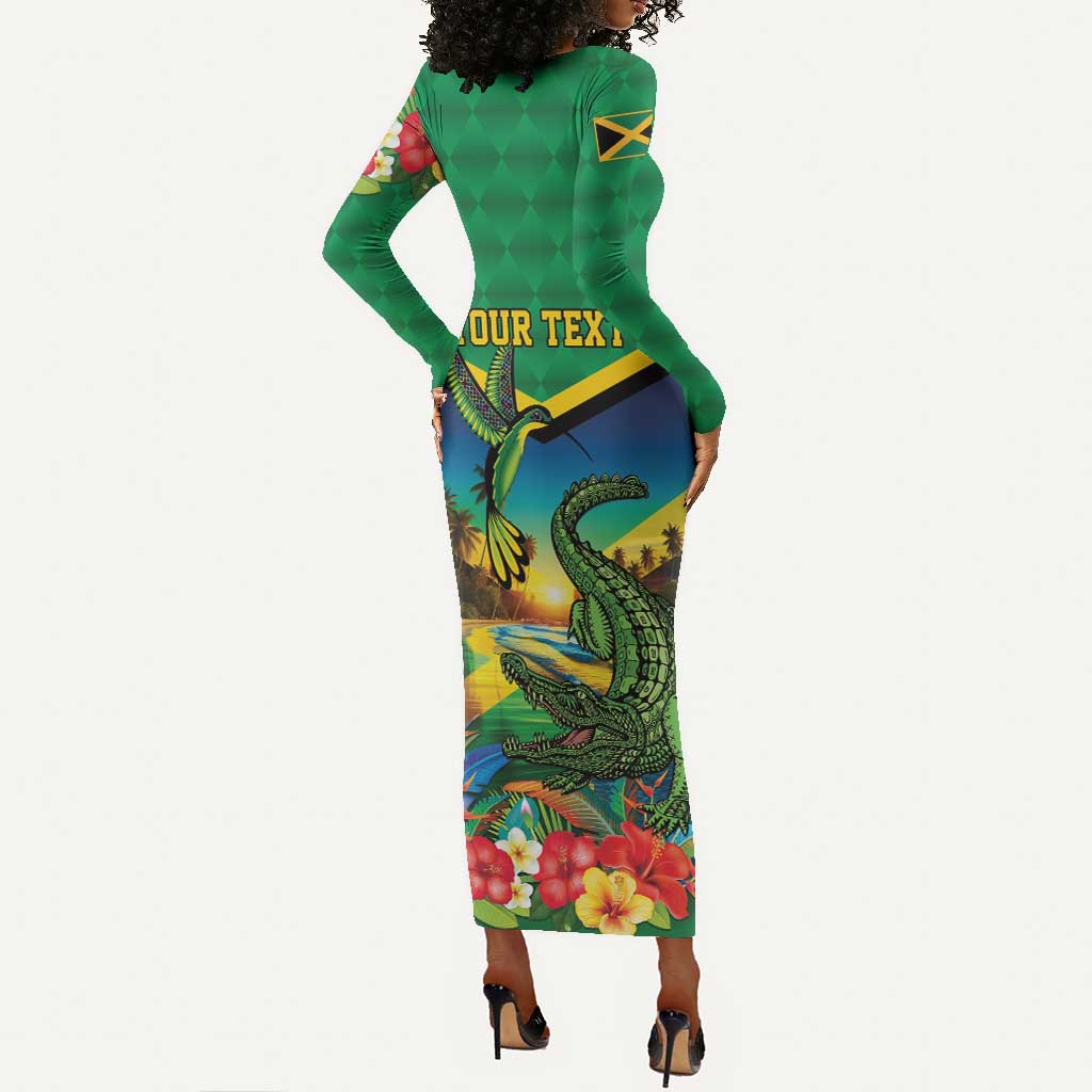 African Jamaica Personalized Long Sleeve Bodycon Dress Hummingbird and Crocodiles Tropical LT9