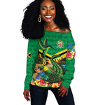 African-American Jamica Personalized Off Shoulder Sweater Hummingbird and Crocodiles Tropical