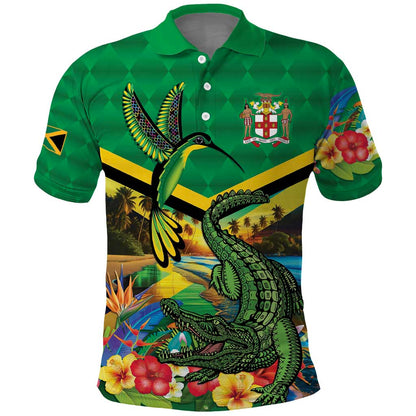 African-American Jamica Personalized Polo Shirt Hummingbird and Crocodiles Tropical