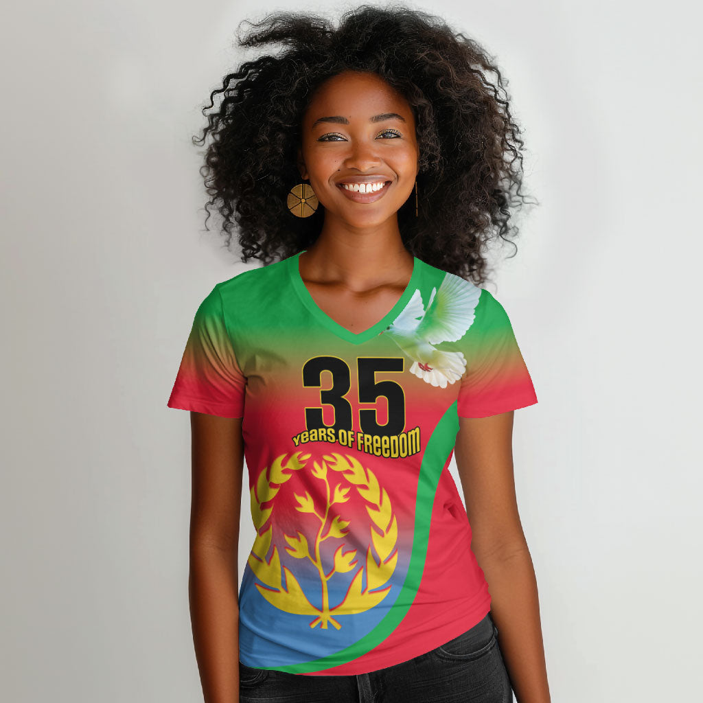 Eritrea 35th Anniversary Women V-Neck T-Shirt May 24 1991-2026 Proud To Be Eritrean