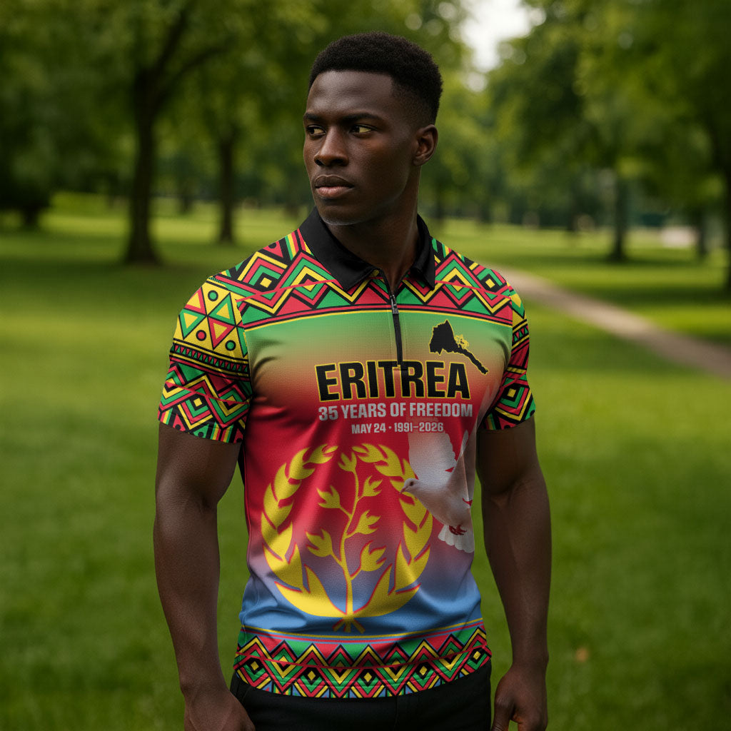 Eritrea 35 Years Of Independence Zipper Polo Shirt 1991-2026 Freedom Legacy Pride
