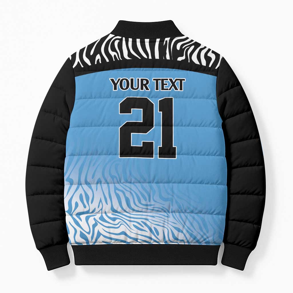 Botswana Cricket Custom Bomber Puffer Jacket Baggy Blues African Zebra Skins Pattern