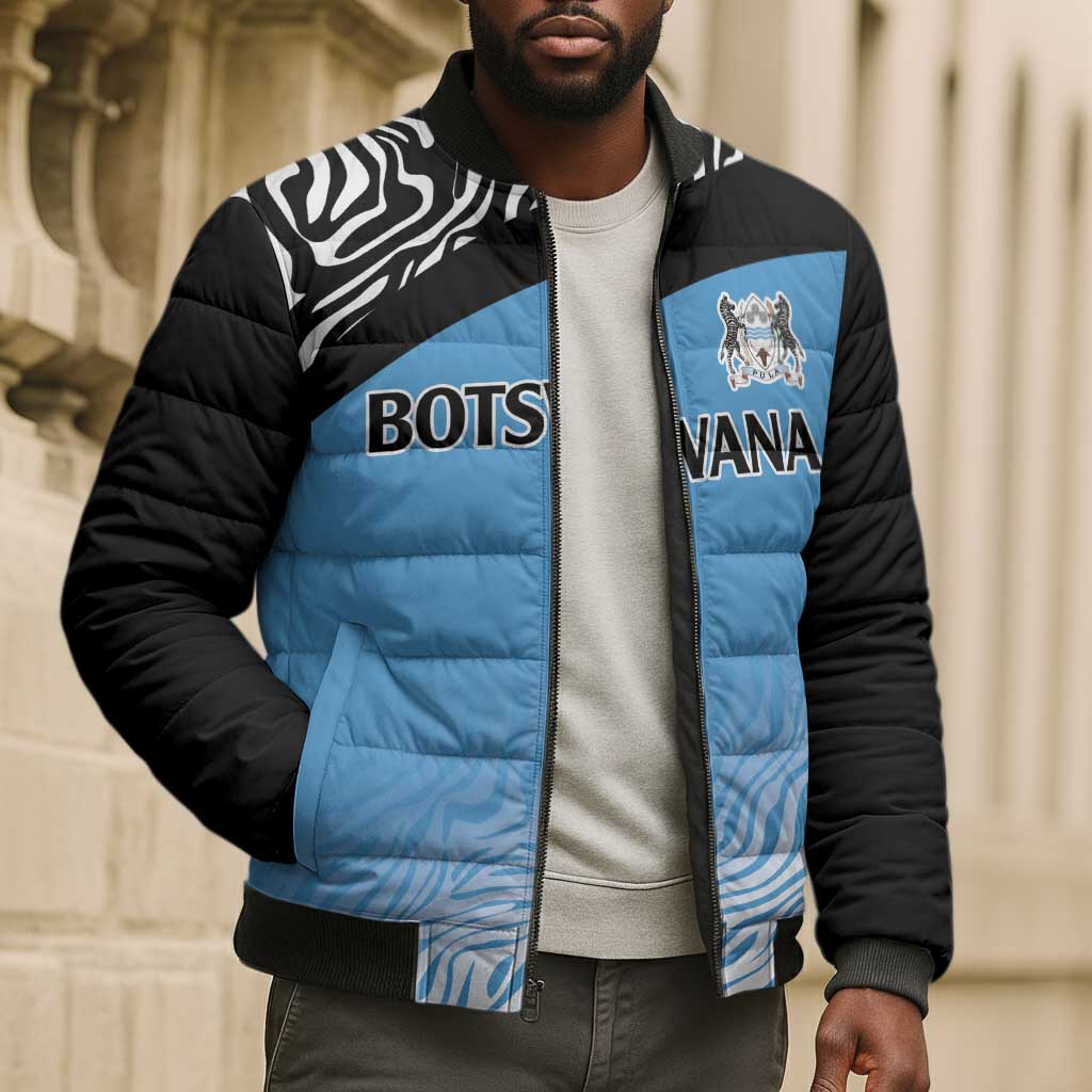Botswana Cricket Custom Bomber Puffer Jacket Baggy Blues African Zebra Skins Pattern