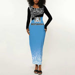 Botswana Cricket Custom Long Sleeve Bodycon Dress Baggy Blues African Zebra Skins Pattern - African Pride
