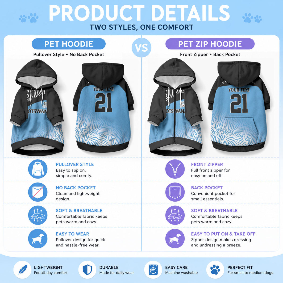 Botswana Cricket Custom Pet Hoodie Baggy Blues African Zebra Skins Pattern