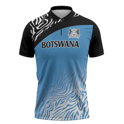 Botswana Cricket Custom Zipper Polo Shirt Baggy Blues African Zebra Skins Pattern