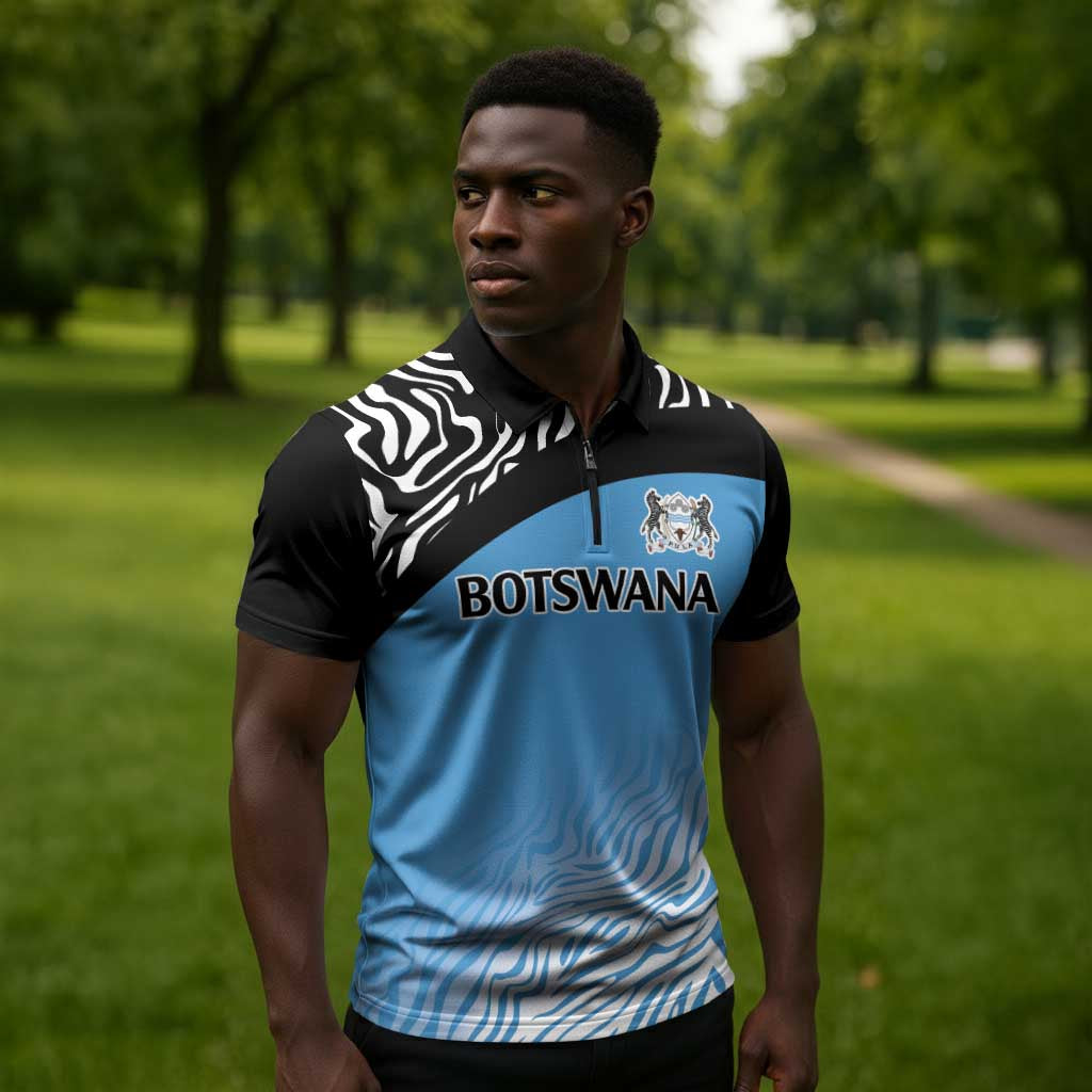 Botswana Cricket Custom Zipper Polo Shirt Baggy Blues African Zebra Skins Pattern