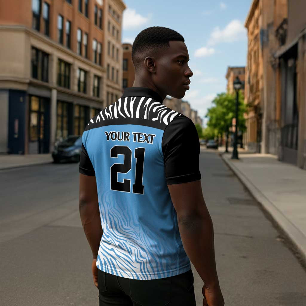Botswana Cricket Custom Zipper Polo Shirt Baggy Blues African Zebra Skins Pattern
