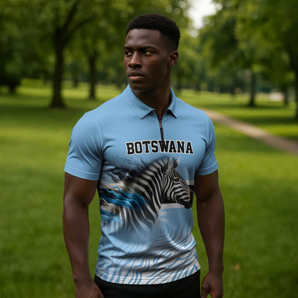 Botswana Independence Day 1966 Zipper Polo Shirt Tribal African Zebra Skins Pattern