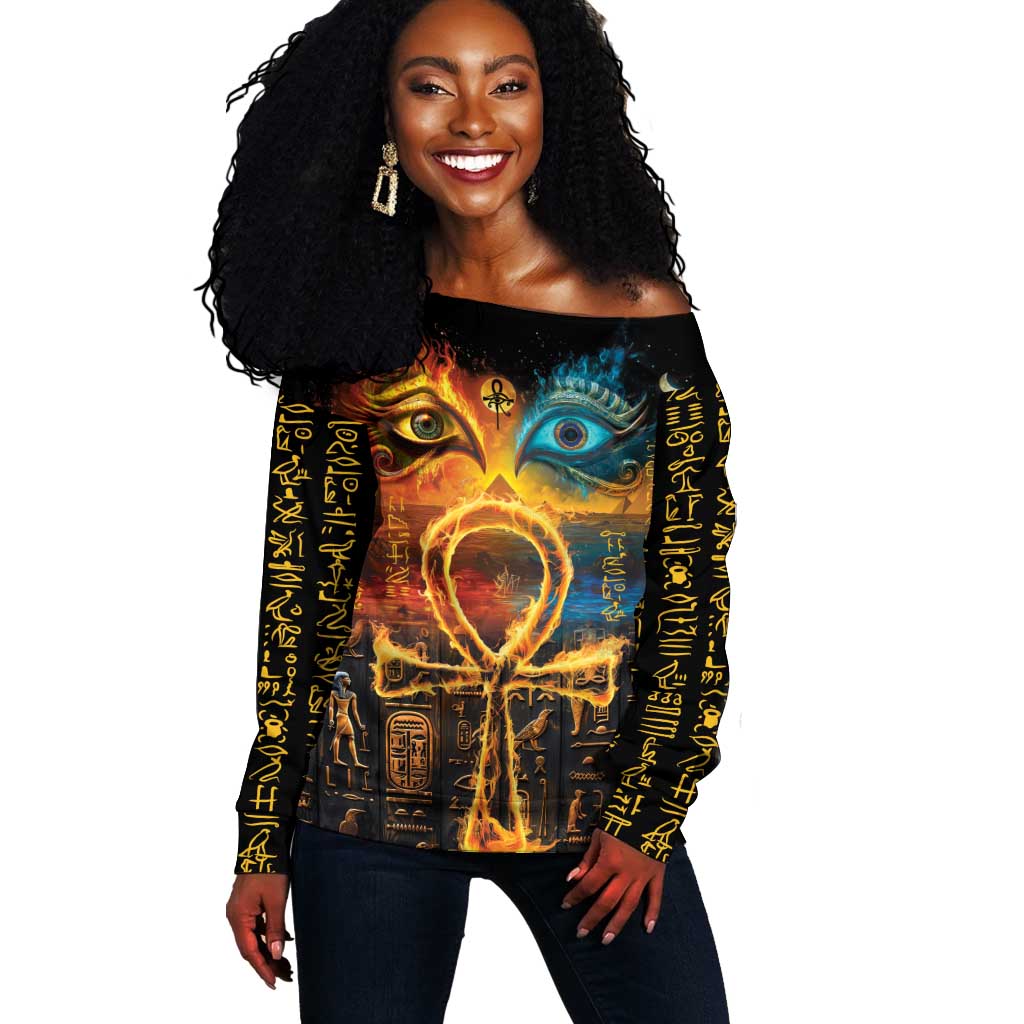 Eye of Ra and Eye of Horus Off Shoulder Sweater Power and Magic Ancient Egyptian Mythology