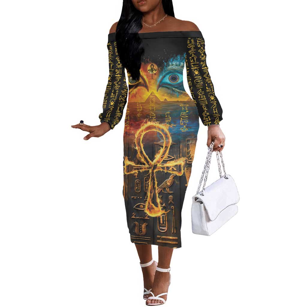 Eye of Ra and Eye of Horus Off The Shoulder Long Sleeve Dress Power and Magic Ancient Egyptian Mythology