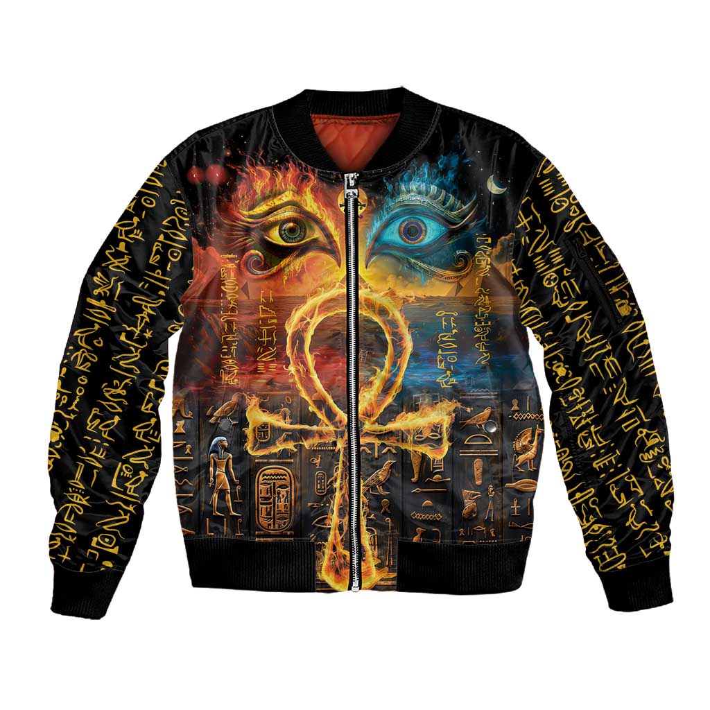 Eye of Ra and Eye of Horus Sleeve Zip Bomber Jacket Power and Magic Ancient Egyptian Mythology