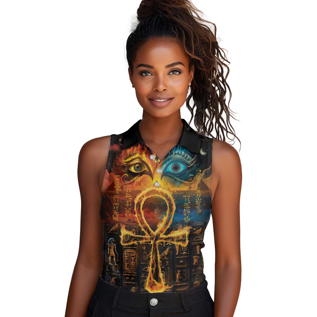 Eye of Ra and Eye of Horus Women Sleeveless Polo Shirt Power and Magic Ancient Egyptian Mythology