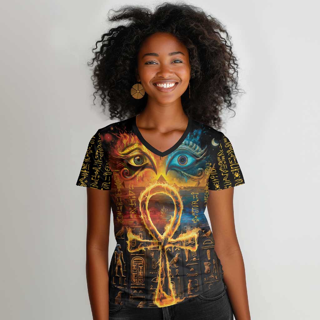 Eye of Ra and Eye of Horus Women V-Neck T-Shirt Power and Magic Ancient Egyptian Mythology