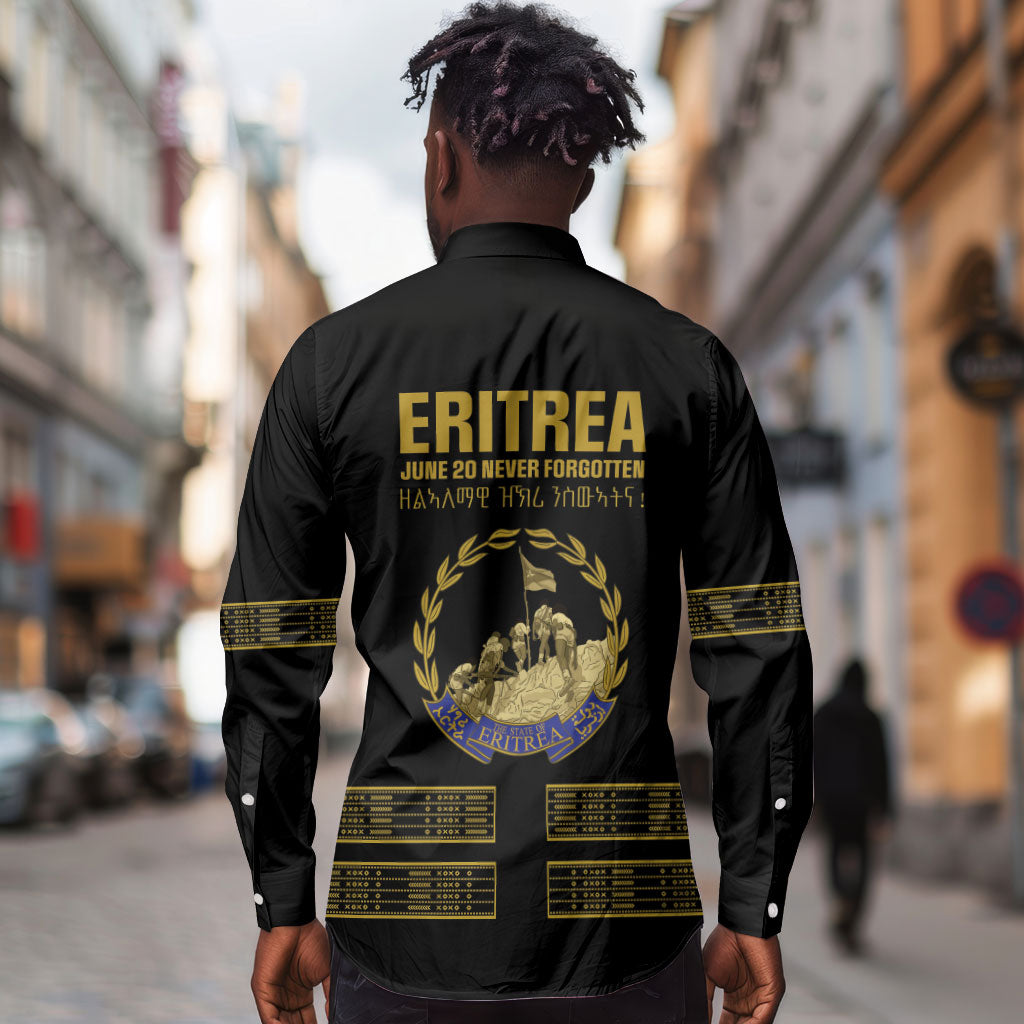 Eritrea Martyrs Day June 20 Long Sleeve Button Shirt Never Forgotten Proud Eritrean Heritage Black Version