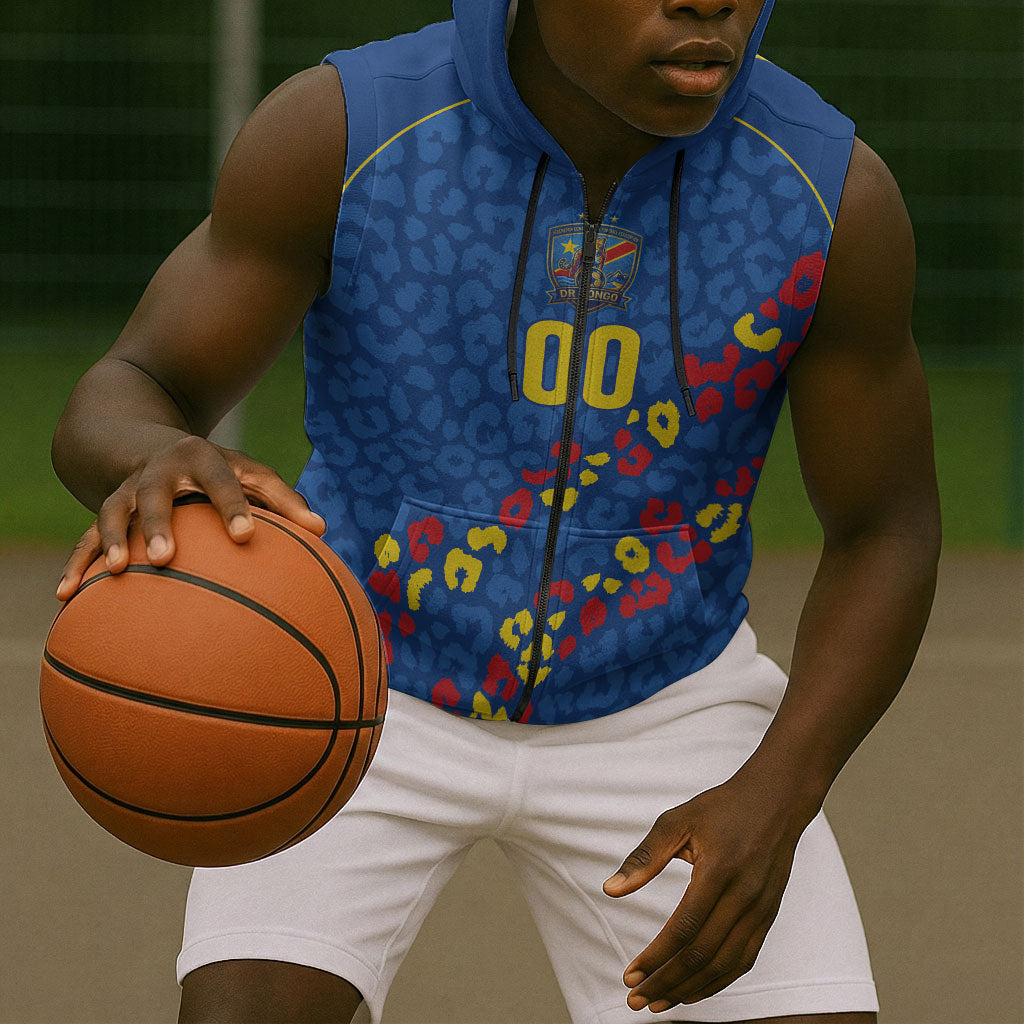 DR Congo Kopo ya Mokili Custom Sleeveless Zip Hoodie Kuba Kingdom Pattern Edition