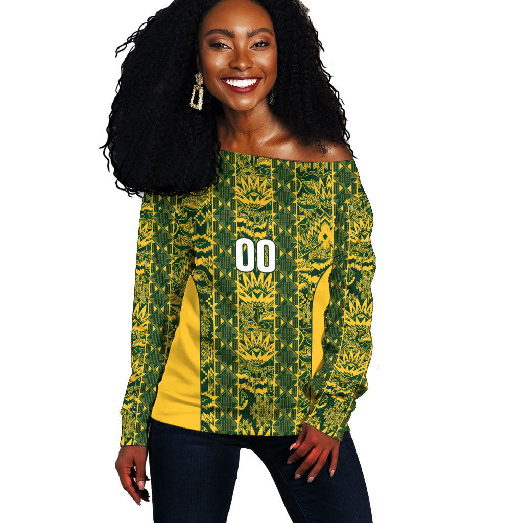 South Africa Indebe Yomhlaba Custom Off Shoulder Sweater Ndebele Art Gold Edition