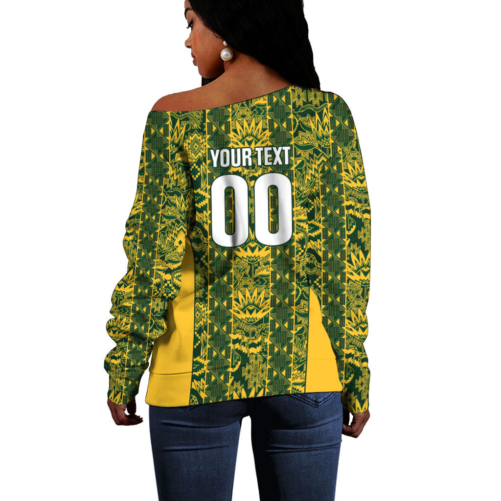 South Africa Indebe Yomhlaba Custom Off Shoulder Sweater Ndebele Art Gold Edition