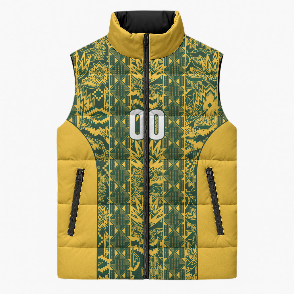 South Africa Indebe Yomhlaba Custom Sleeveless Puffer Jacket Ndebele Art Gold Edition