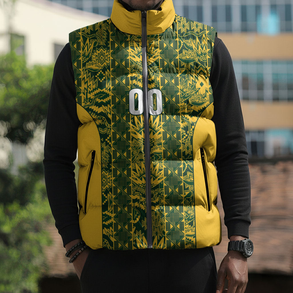 South Africa Indebe Yomhlaba Custom Sleeveless Puffer Jacket Ndebele Art Gold Edition