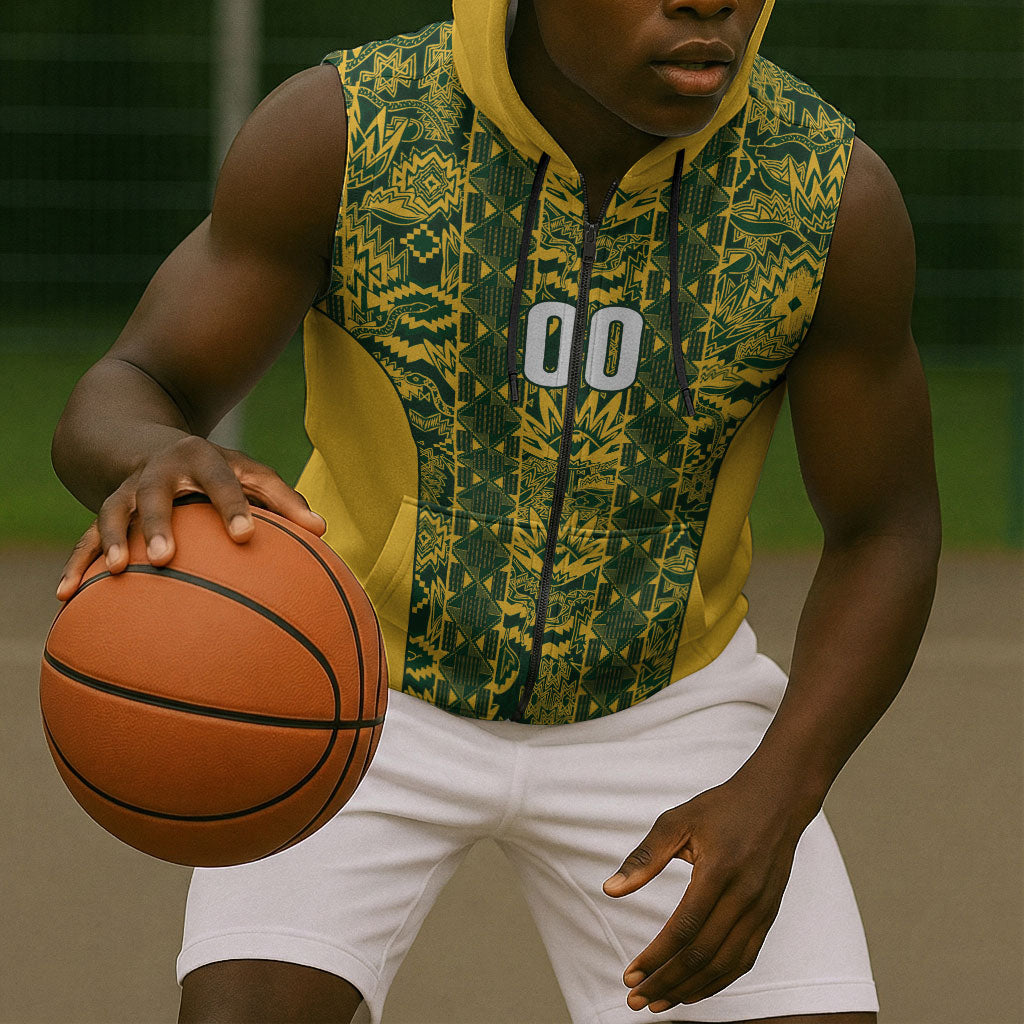 South Africa Indebe Yomhlaba Custom Sleeveless Zip Hoodie Ndebele Art Gold Edition