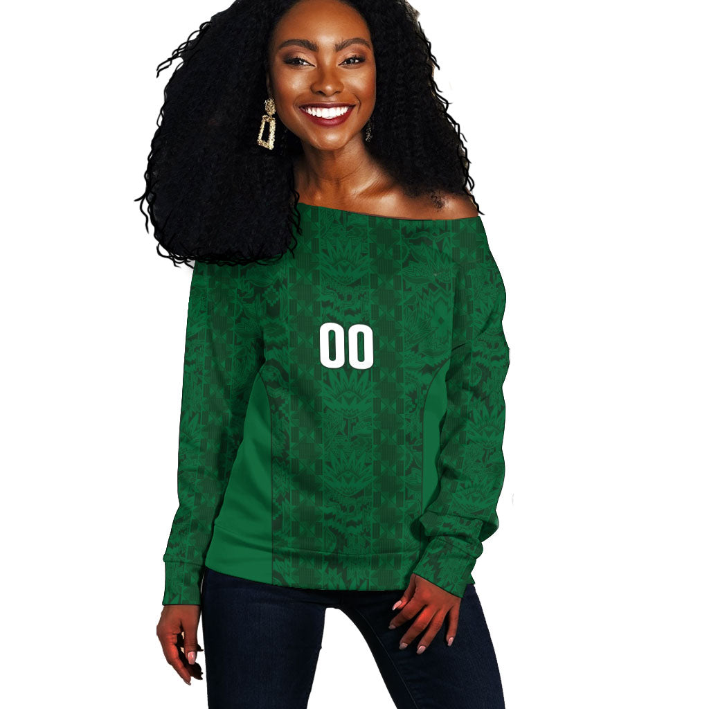 South Africa Indebe Yomhlaba Custom Off Shoulder Sweater Ndebele Art Green Edition