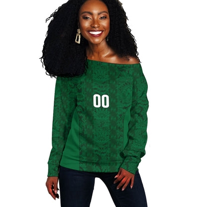 South Africa Indebe Yomhlaba Custom Off Shoulder Sweater Ndebele Art Green Edition