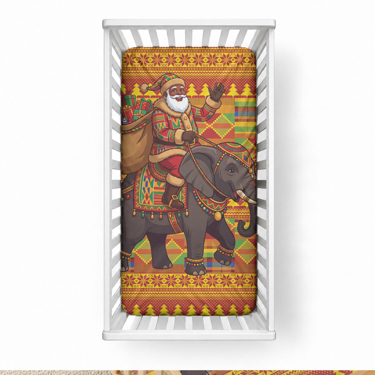 Ghana Christmas Santa African Elephant Baby Bed Cover Kente Inspired Woven Geometric Blocks