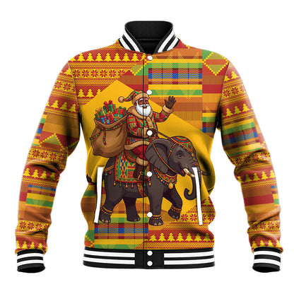 Ghana Christmas Santa African Elephant Baseball Jacket Kente Inspired Woven Geometric Blocks