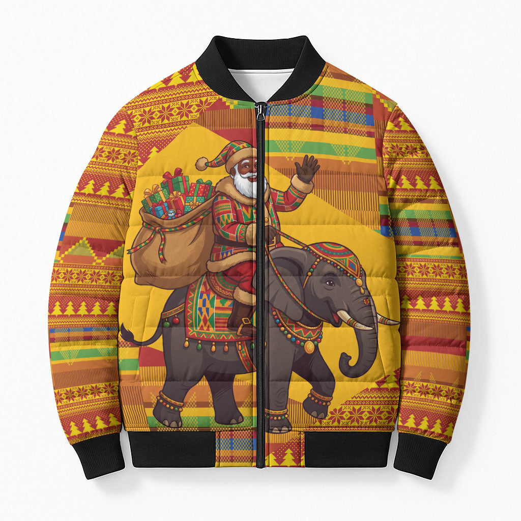 Ghana Christmas Santa African Elephant Bomber Puffer Jacket Kente Inspired Woven Geometric Blocks