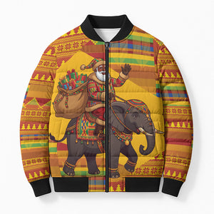 Ghana Christmas Santa African Elephant Bomber Puffer Jacket Kente Inspired Woven Geometric Blocks