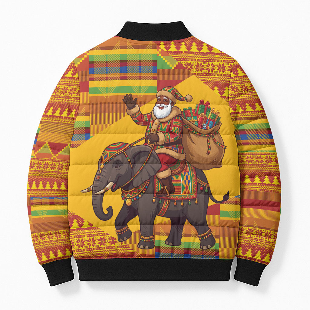 Ghana Christmas Santa African Elephant Bomber Puffer Jacket Kente Inspired Woven Geometric Blocks