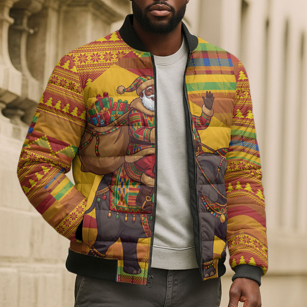 Ghana Christmas Santa African Elephant Bomber Puffer Jacket Kente Inspired Woven Geometric Blocks