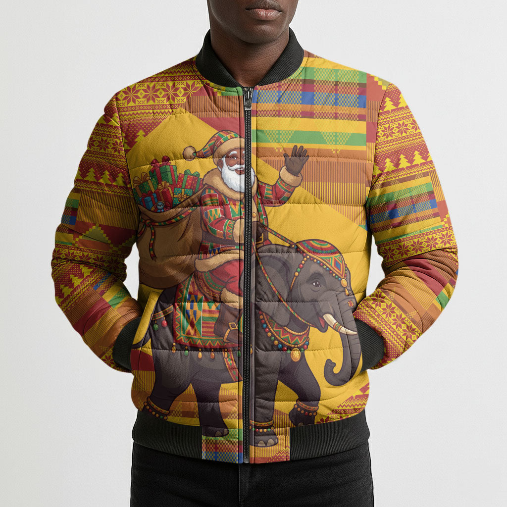 Ghana Christmas Santa African Elephant Bomber Puffer Jacket Kente Inspired Woven Geometric Blocks