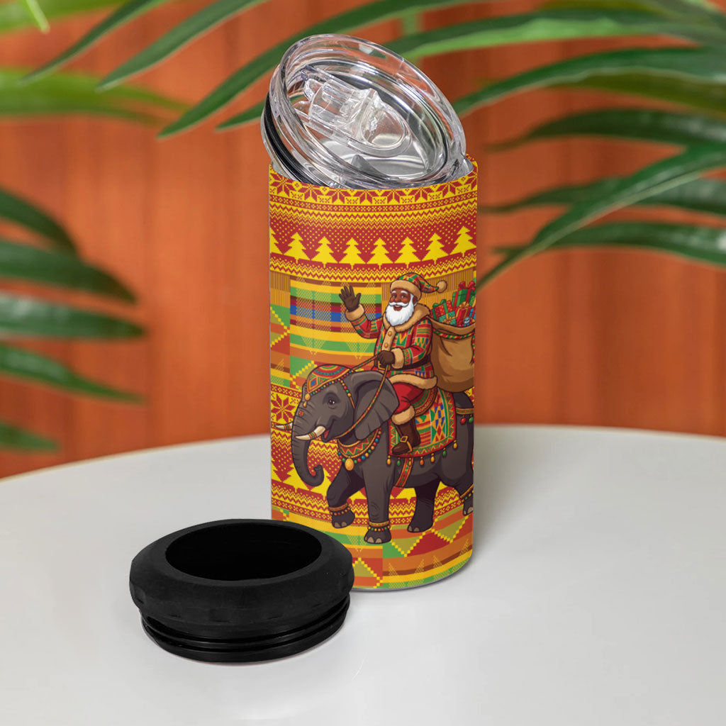 Ghana Christmas Santa African Elephant 4 in 1 Can Cooler Tumbler Kente Inspired Woven Geometric Blocks