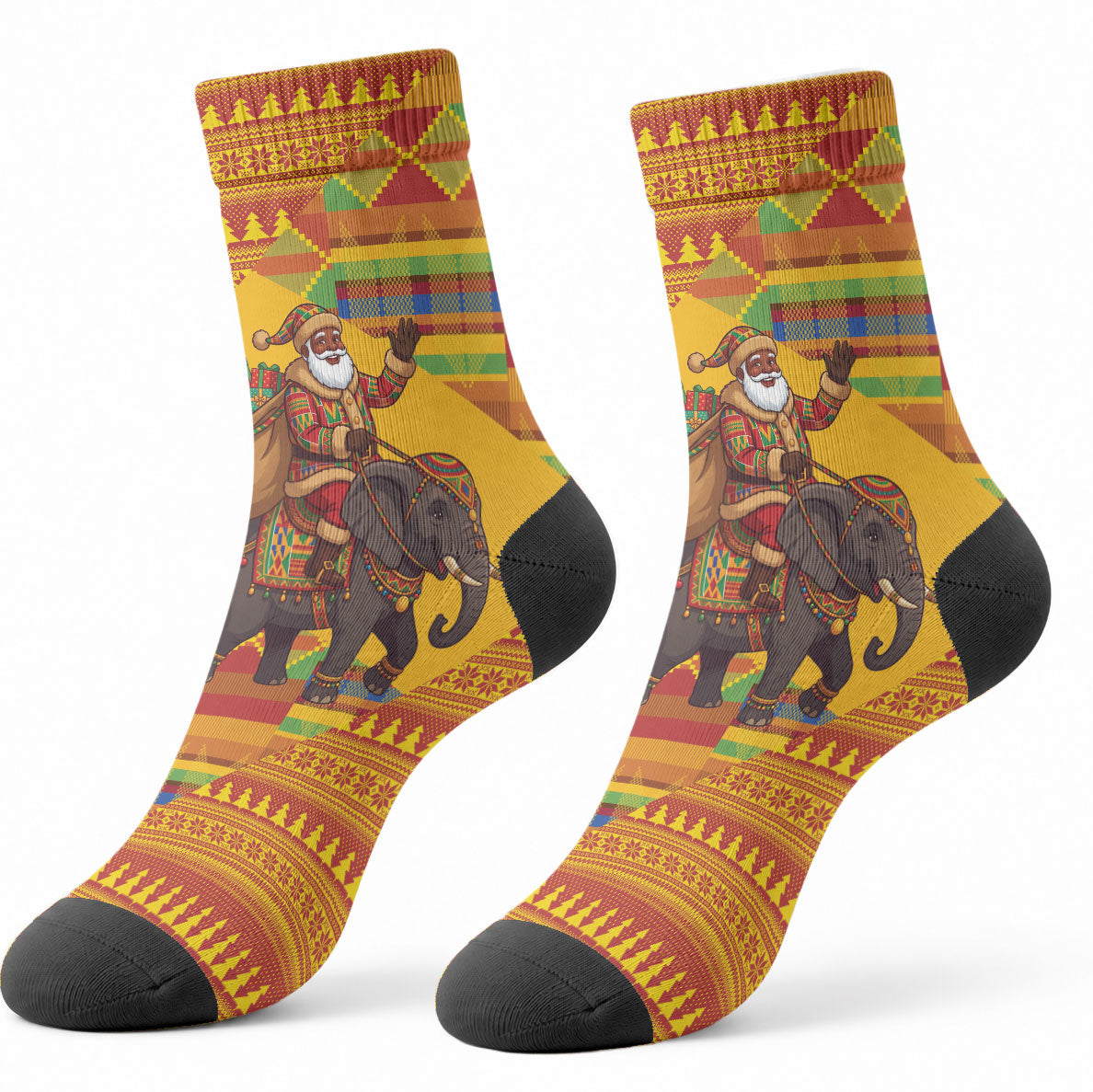 Ghana Christmas Santa African Elephant Crew Socks Kente Inspired Woven Geometric Blocks