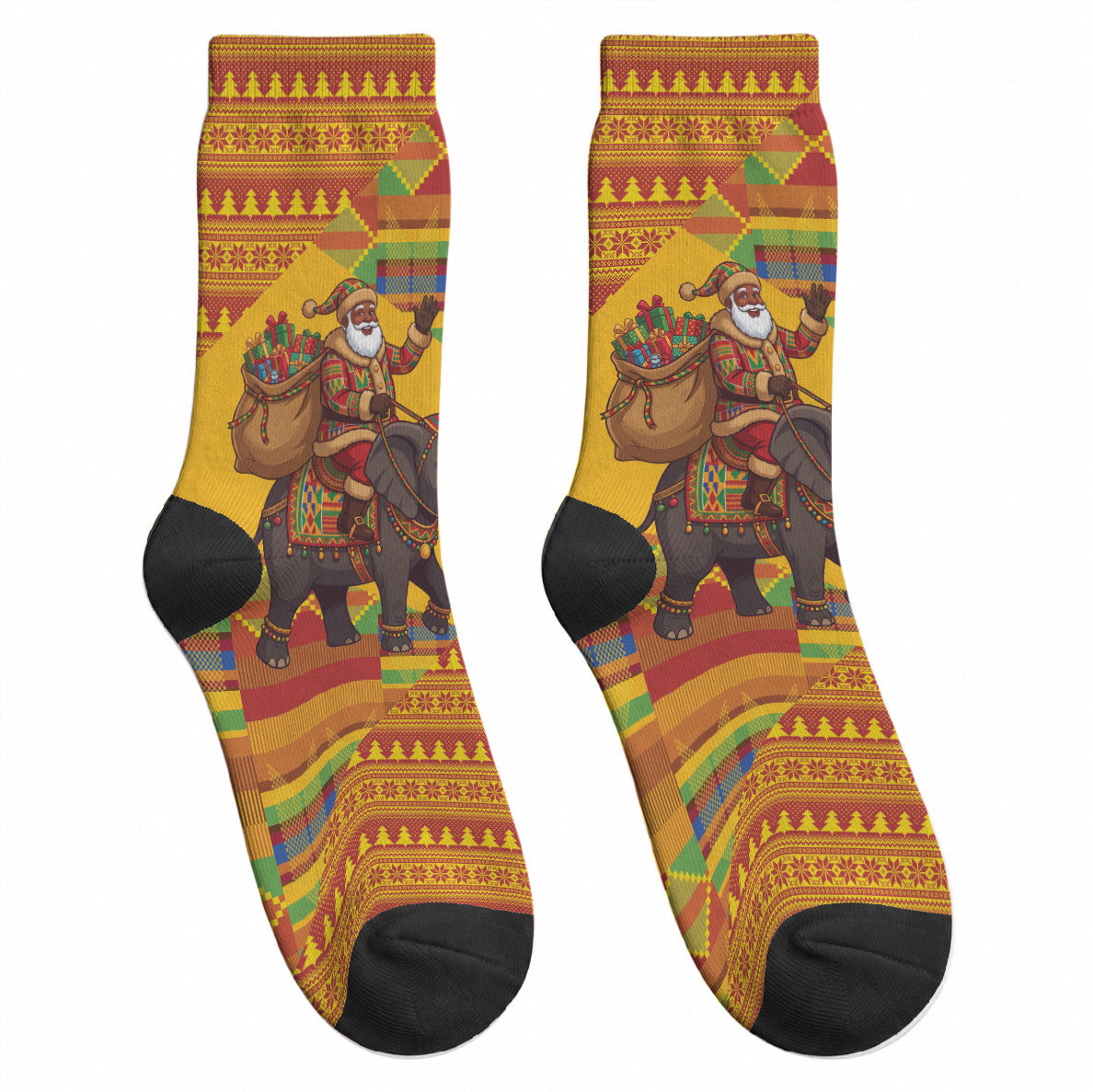 Ghana Christmas Santa African Elephant Crew Socks Kente Inspired Woven Geometric Blocks