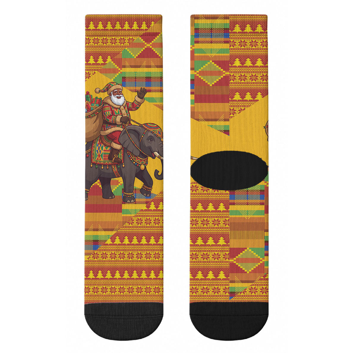 Ghana Christmas Santa African Elephant Crew Socks Kente Inspired Woven Geometric Blocks