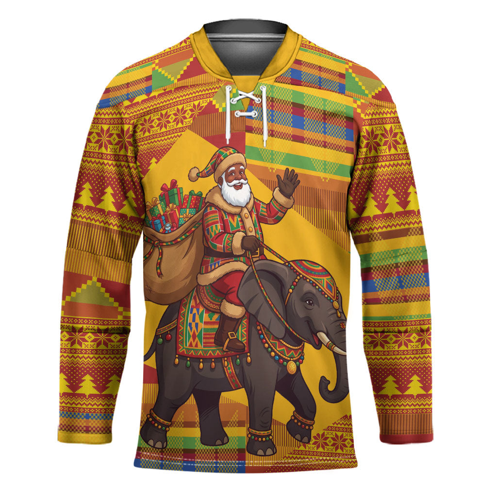 Ghana Christmas Santa African Elephant Hockey Jersey Kente Inspired Woven Geometric Blocks