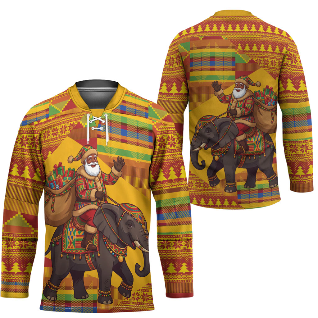 Ghana Christmas Santa African Elephant Hockey Jersey Kente Inspired Woven Geometric Blocks